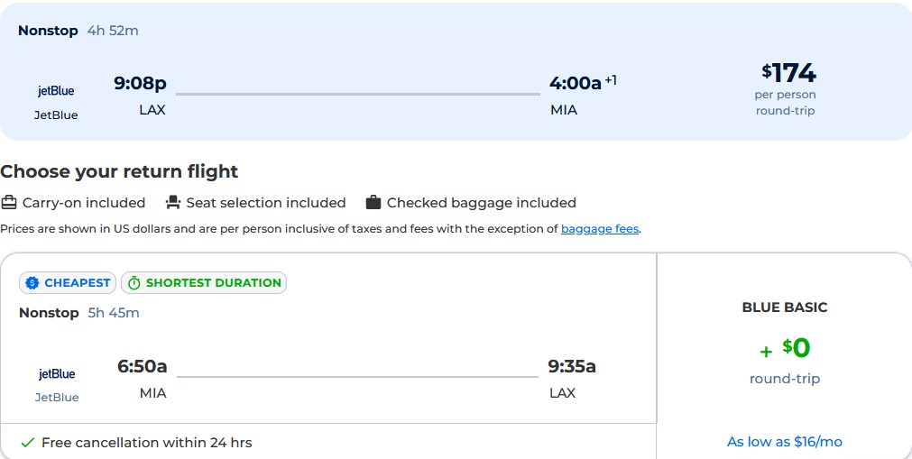 Non-stop flights from Los Angeles to Miami for only $174 roundtrip with JetBlue. Also works in reverse. Flight deal ticket image.