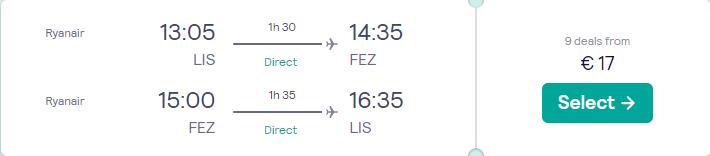 Non-stop flights from Lisbon, Portugal to Fez, Morocco for only €17 roundtrip. Flight deal ticket image.