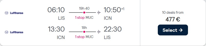 Vols pas chers de Lisbonne, Portugal à Séoul, Corée du Sud pour seulement 477 € aller-retour avec Lufthansa.  Image du billet de l'offre de vol.