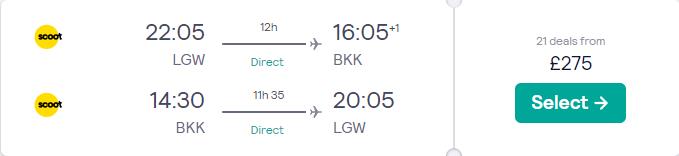 Non-stop flights from London, UK to Bangkok, Thailand for only £275 roundtrip. Flight deal ticket image.