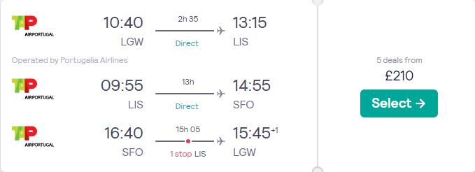 2 in 1 trip...Cheap flights from London, UK to Lisbon, Portugal and San Francisco, USA for only £210 roundtrip with TAP Air Portugal and Alaska Airlines. Flight deal ticket image.