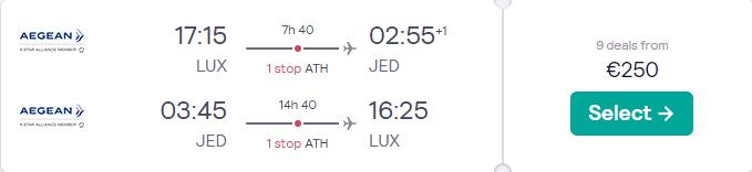 Cheap flights from Luxembourg to Jeddah, Saudi Arabia for only €250 roundtrip with Aegean Airlines. Flight deal ticket image.