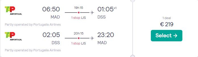 Cheap flights from Madrid or Barcelona, Spain to Dakar, Senegal from only €219 roundtrip with TAP Air Portugal. Flight deal ticket image.