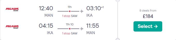 Cheap flights from Manchester, UK to Tehran, Iran for only £184 roundtrip. Flight deal ticket image.