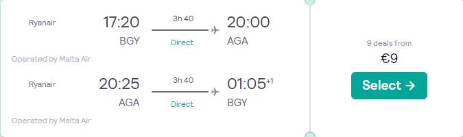 Non-stop flights from Milan, Italy to Agadir, Morocco for only €9 roundtrip. Flight deal ticket image.