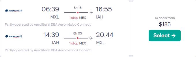 Summer flights from Mexicali, Mexico to Houston, Texas for only $186 USD roundtrip with Aeromexico. Flight deal ticket image.