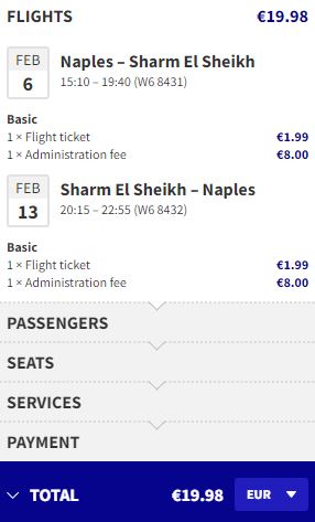 Non-stop flights from Naples, Italy to Sharm el Sheikh, Egypt for only €19 roundtrip. Flight deal ticket image.