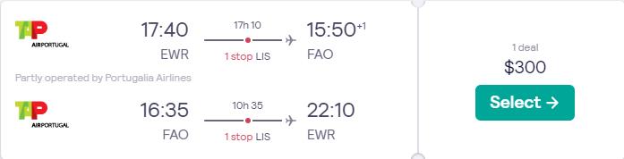 Cheap flights from New York or Miami to Faro, Portugal from only $300 roundtrip with TAP Air Portugal. Flight deal ticket image.