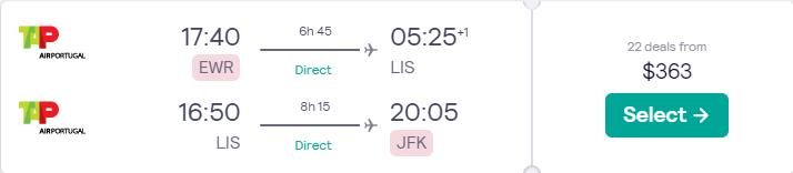 Non-stop flights from New York or Washington DC to Lisbon, Portugal from only $363 roundtrip with TAP Air Portugal. Flight deal ticket image.