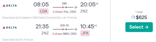 Cheap flights from New York to Zanzibar, Tanzania for only $621 roundtrip with Air France. Flight deal ticket image.