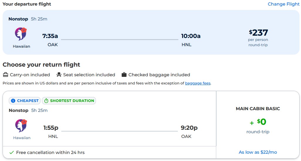 Non-stop flights from Oakland, California to Honolulu, Hawaii for only $237 roundtrip. Also works in reverse. Flight deal ticket image.