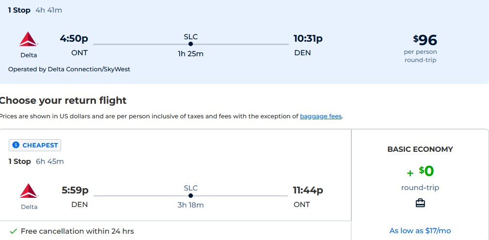 Cheap flights from Ontario, California to Denver, Colorado for only $96 roundtrip with Delta Air Lines. Also works in reverse. Flight deal ticket image.