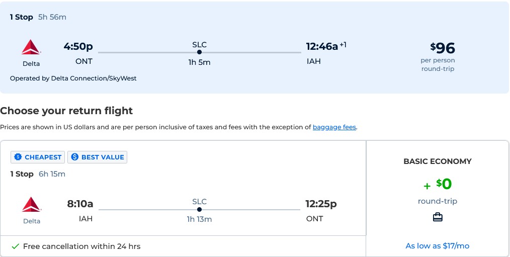 Cheap flights from Ontario, California to Houston, Texas for only $96 roundtrip with Delta Air Lines. Also works in reverse. Flight deal ticket image.