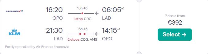 Cheap flights from Porto, Portugal to Luanda, Angola for only €392 roundtrip with Air France and KLM. Flight deal ticket image.