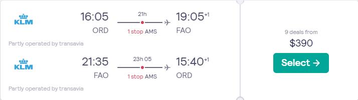Cheap flights from Chicago to Faro, Portugal for only $390 roundtrip with KLM. Flight deal ticket image.