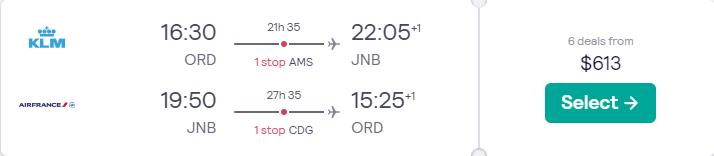 Click here to book this cheap flight deal. Cheap flights from Chicago to Johannesburg, South Africa for only $613 roundtrip with KLM and Air France. Flight deal ticket image.