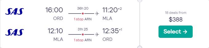 Click here to book this cheap flight deal. Cheap flights from Chicago to Malta for only $388 roundtrip. Flight deal ticket image.