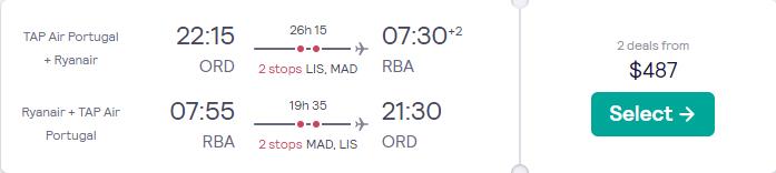 Cheap flights from Chicago to Rabat, Morocco for only $487 roundtrip with TAP Air Portugal. Flight deal ticket image.