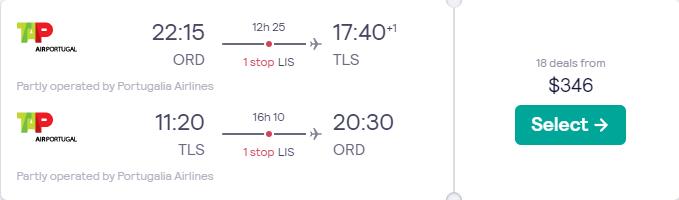 Cheap flights from Chicago to Toulouse, France for only $346 roundtrip with TAP Air Portugal. Flight deal ticket image.