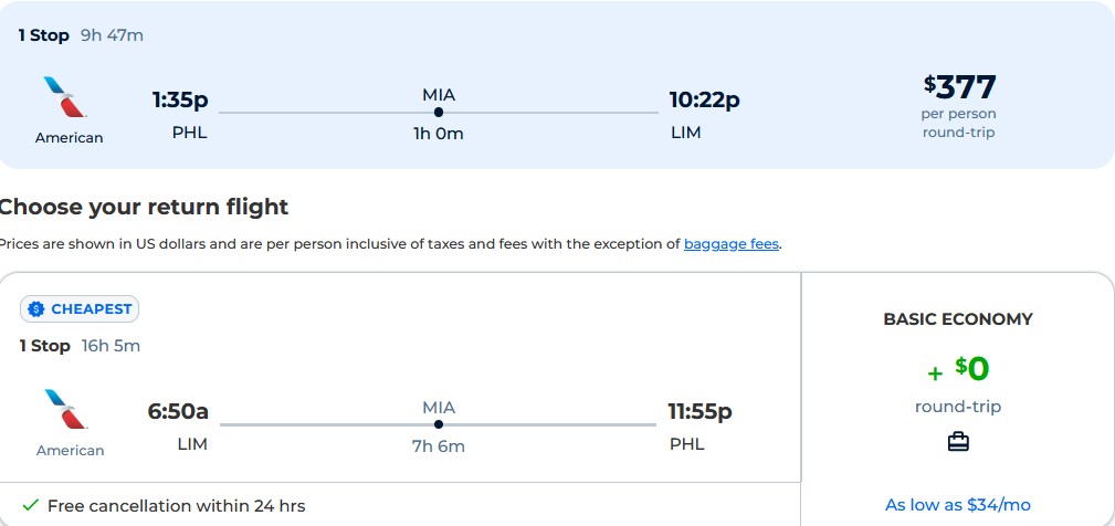 Cheap flights from Philadelphia to Lima, Peru for only $377 roundtrip with American Airlines. Flight deal ticket image.