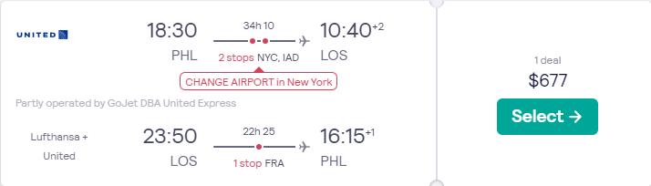 Cheap flights from Philadelphia to Lagos, Nigeria for only $677 roundtrip with United Airlines and Lufthansa. Flight deal ticket image.