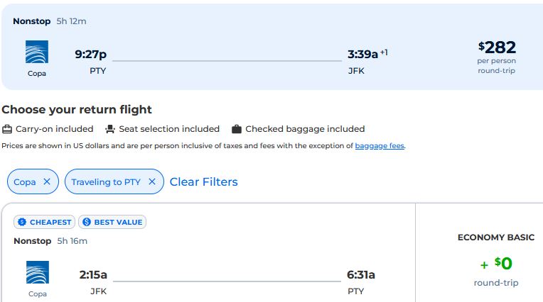 Click here to book this cheap flight deal. Non-stop flights from Panama City, Panama to New York, USA for only $282 USD roundtrip with Copa Airlines. Flight deal ticket image.