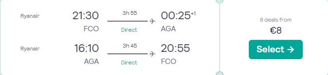 Non-stop flights from Rome, Italy to Agadir, Morocco for only €8 roundtrip. Flight deal ticket image.