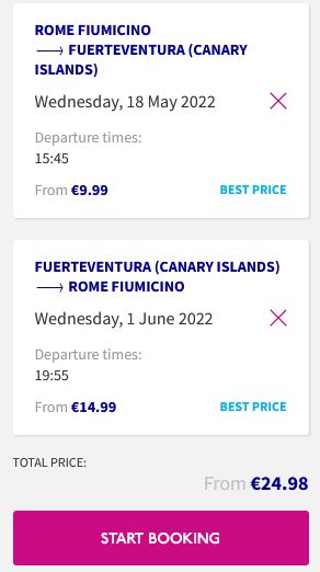 Non-stop flights from Rome, Italy to the Canary Islands for only €24 roundtrip. Flight deal ticket image.