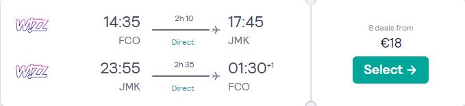 Click here to book this cheap flight deal. Non-stop flights from Rome, Italy to the Greek island of Mykonos for only €18 roundtrip. Flight deal ticket image.