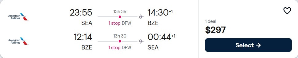 Cheap flights from Seattle to Belize City, Belize for only $297 roundtrip with American Airlines. Flight deal ticket image.