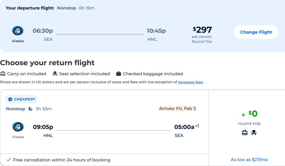 Click here to book this cheap flight deal. Non-stop flights from Seattle to Honolulu, Hawaii for only $297 roundtrip with Alaska Airlines. Also works in reverse. Flight deal ticket image.