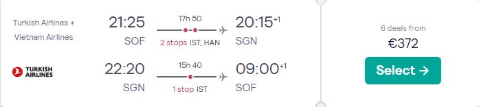 Click here to book this cheap flight deal. Cheap flights from Sofia, Bulgaria to Ho Chi Minh City, Vietnam for only €372 roundtrip with Turkish Airlines and Vietnam Airlines. Flight deal ticket image.