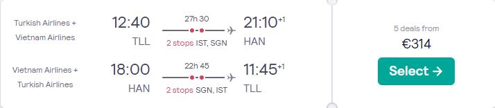 Cheap flights from Tallinn, Estonia to Hanoi, Vietnam for only €314 roundtrip with Turkish Airlines and Vietnam Airlines. Flight deal ticket image.