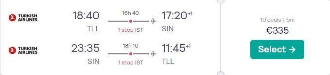 Cheap flights from the Baltics to Singapore or Kuala Lumpur, Malaysia from only €335 roundtrip with Turkish Airlines. Flight deal ticket image.