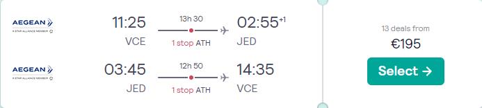 Cheap flights from Italian cities to Jeddah, Saudi Arabia from only €195 roundtrip with Aegean Airlines. Flight deal ticket image.