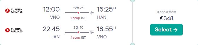 Cheap flights from Vilnius, Lithuania to Hanoi, Vietnam for only €348 roundtrip with Turkish Airlines. Flight deal ticket image.