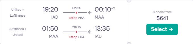 Click here to book this cheap flight deal. Cheap flights from Washington DC to Chennai or Delhi, India from only $641 roundtrip with Lufthansa. Flight deal ticket image.