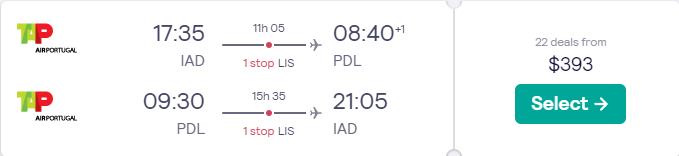 Cheap flights from Washington DC to the Azores for only $393 roundtrip with TAP Air Portugal. Flight deal ticket image.