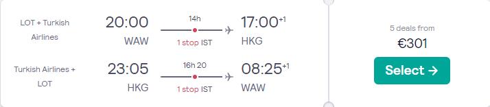 Cheap flights from Warsaw, Poland to Hong Kong for only €301 roundtrip with LOT Polish Airlines and Turkish Airlines. Flight deal ticket image.