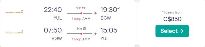 Cheap flights from Montreal, Canada to Baghdad, Iraq for only $850 CAD roundtrip. Flight deal ticket image.