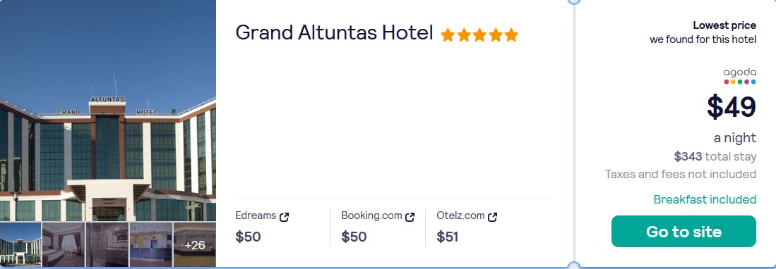 Click here to book this cheap flight deal. Stay at the 5* Grand Altuntas Hotel in Aksaray, Turkey for only $49 USD per night. Flight deal ticket image.