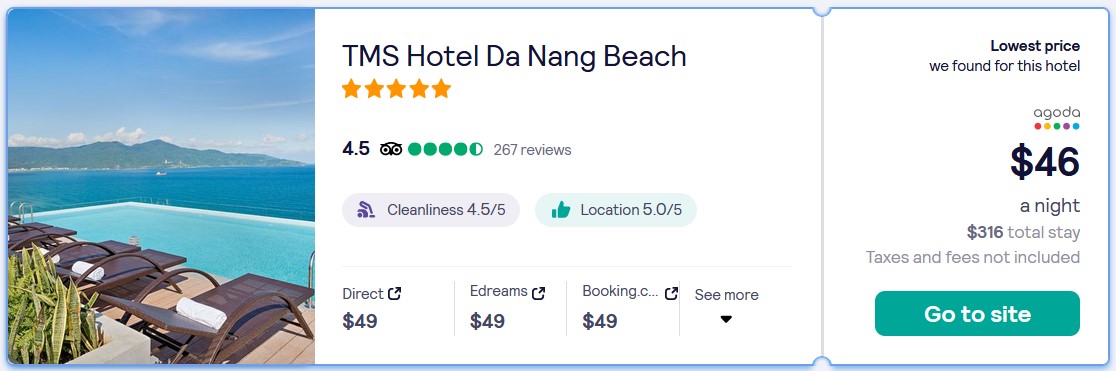 Stay at the 5* TMS Hotel Da Nang Beach in Da Nang, Vietnam for only $46 USD per night over Christmas. Flight deal ticket image.