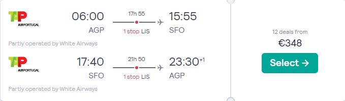 Cheap flights from Malaga, Spain to San Francisco, USA for only €348 roundtrip with TAP Air Portugal. Flight deal ticket image.
