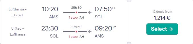 Business Class flights from Amsterdam, Netherlands to Santiago, Chile for only €1214 roundtrip with United Airlines. Flight deal ticket image.