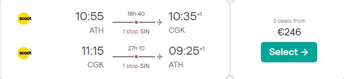 Cheap flights from Athens, Greece to Jakarta, Indonesia for only €246 roundtrip. Flight deal ticket image.