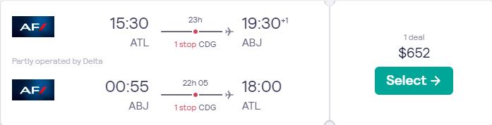 Cheap flights from Atlanta to Abidjan, Ivory Coast for only $652 roundtrip with Air France and Delta Air Lines. Flight deal ticket image.