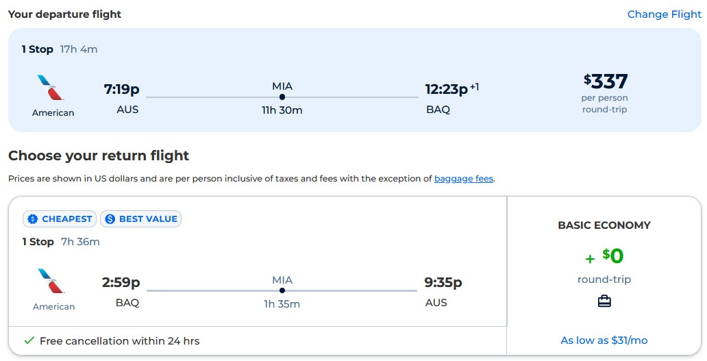 Cheap flights from Austin, Texas to Barranquilla or Cartagena, Colombia from only $337 roundtrip with American Airlines. Flight deal ticket image.