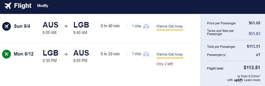 Non-stop flights from Austin, Texas to Long Beach, California for only $113 roundtrip. Also works in reverse. Flight deal ticket image.