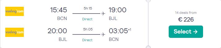 Non-stop flights from Barcelona, Spain to Banjul, Gambia for only €226 roundtrip. Flight deal ticket image.