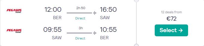 Non-stop flights from Berlin, Germany to Istanbul, Turkey for only €72 roundtrip. Flight deal ticket image.